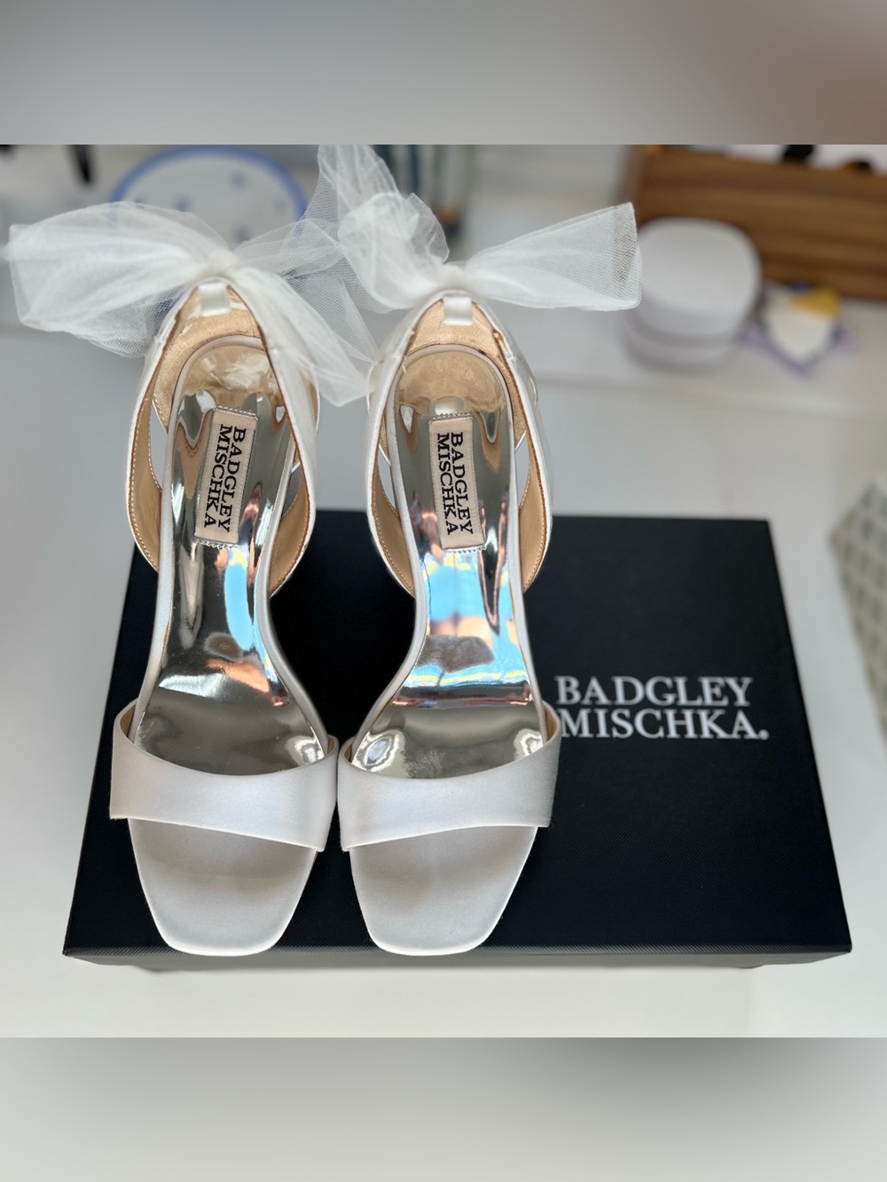 Badgley Mischka White Satin Bridal Sandals with Tulle Bow